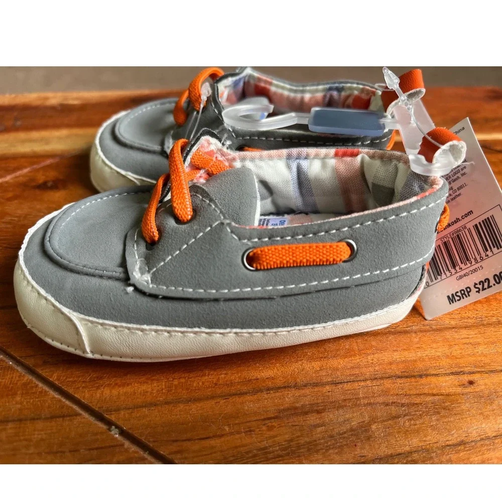 OshKosh Bgosh Baby Boy Grey Orange Boat Shoes Crib Shoes Size 6-9M 98638 NEW